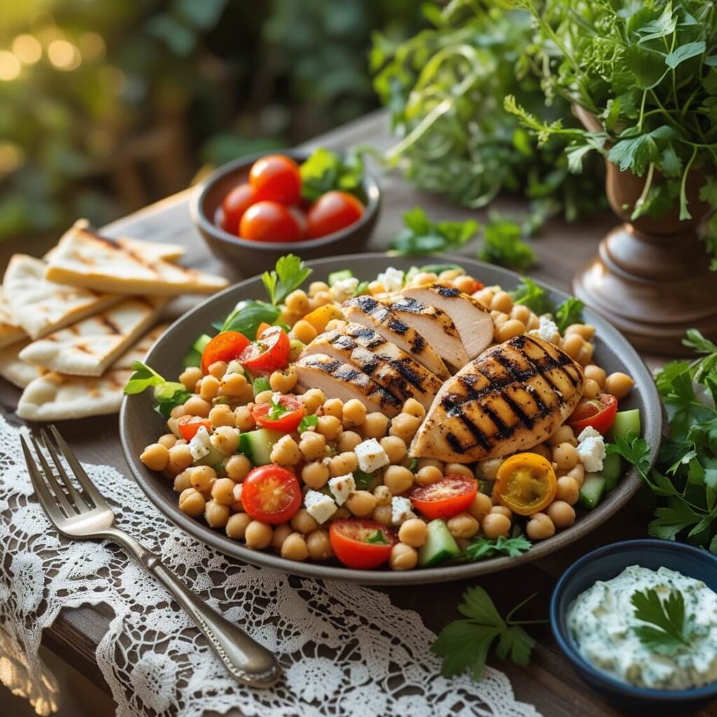 Mediterranean Chickpea Salad with Grilled Chicken