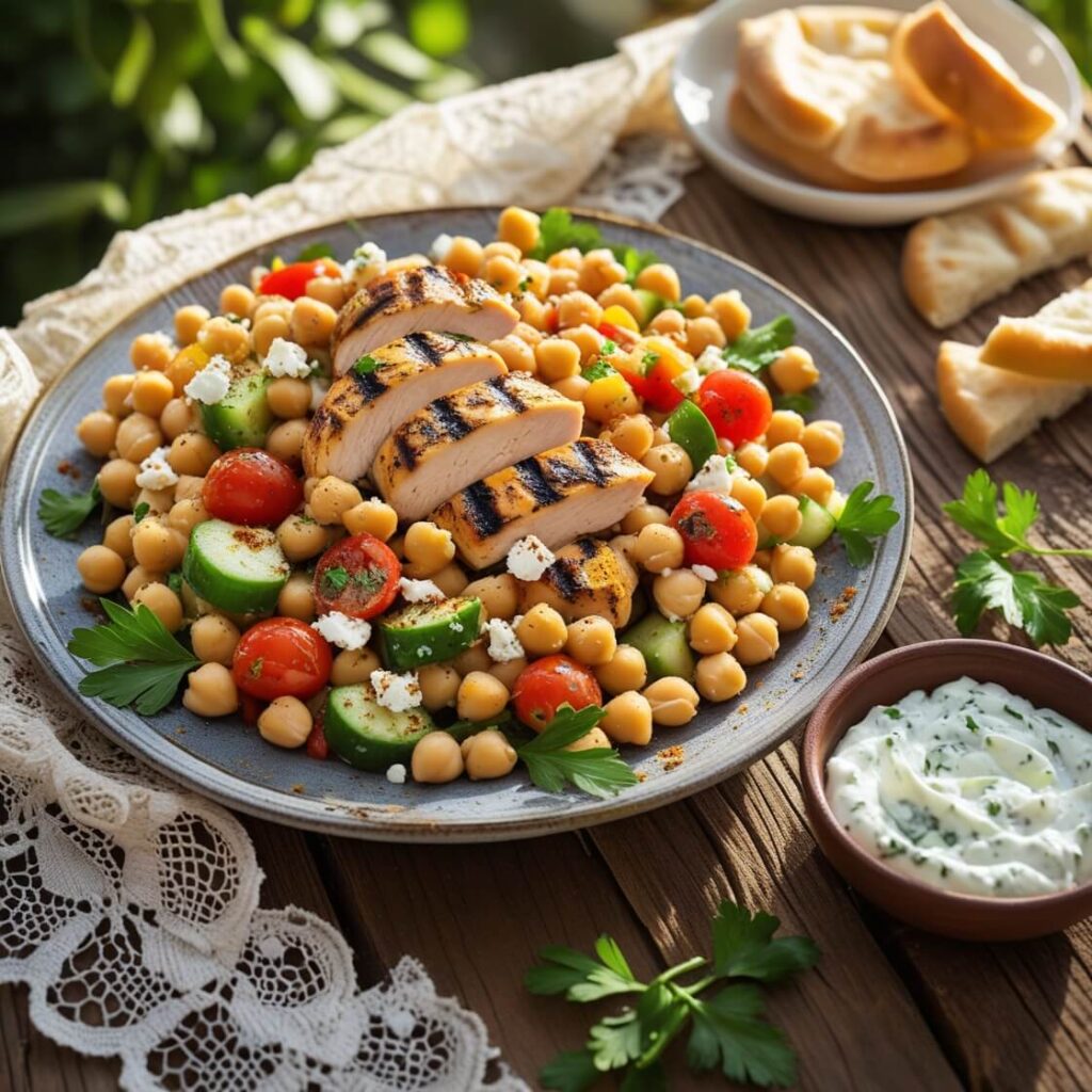 Mediterranean Chickpea Salad with Grilled Chicken