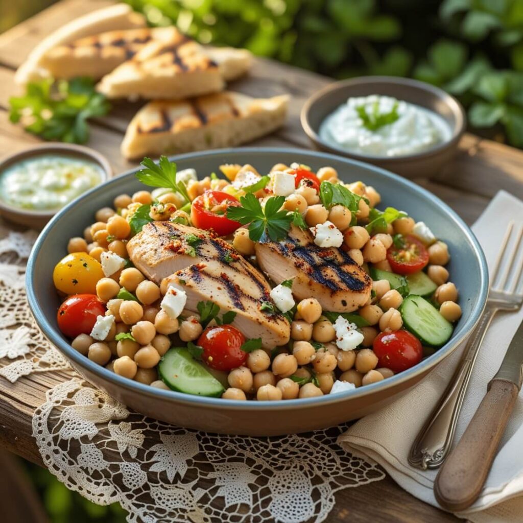 Mediterranean Chickpea Salad with Grilled Chicken