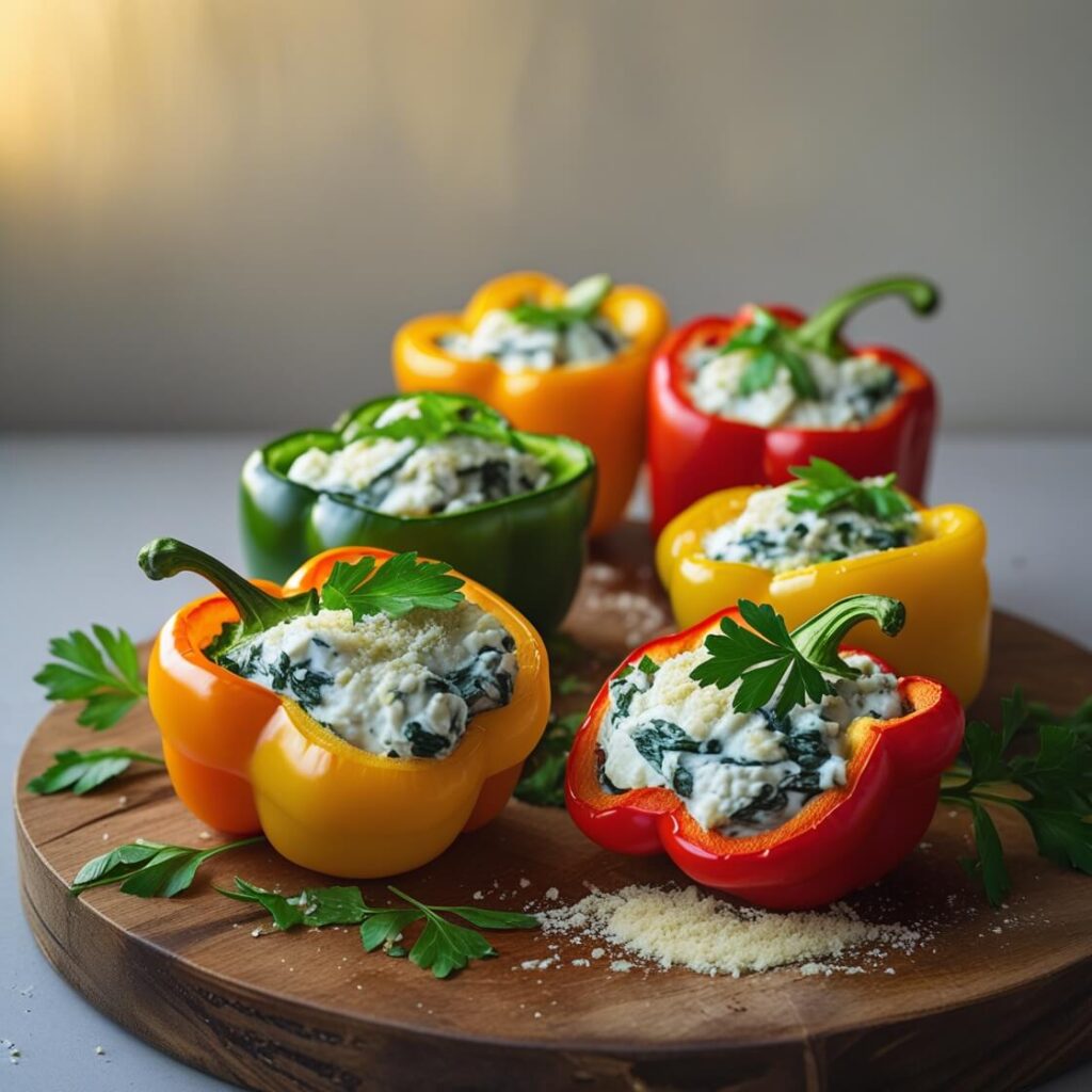 Stuffed peppers are one of those magical dishes that look fancy but are super easy to make. This Spinach and Ricotta Stuffed Peppers recipe combines the creamy goodness of ricotta cheese and the earthy flavour of spinach, all wrapped up in a perfectly roasted bell pepper. It’s vegetarian-friendly, makes a colourful presentation, and is perfect for a family dinner or meal prep. It’s high in protein, low in carbs, and packed with nutrients!