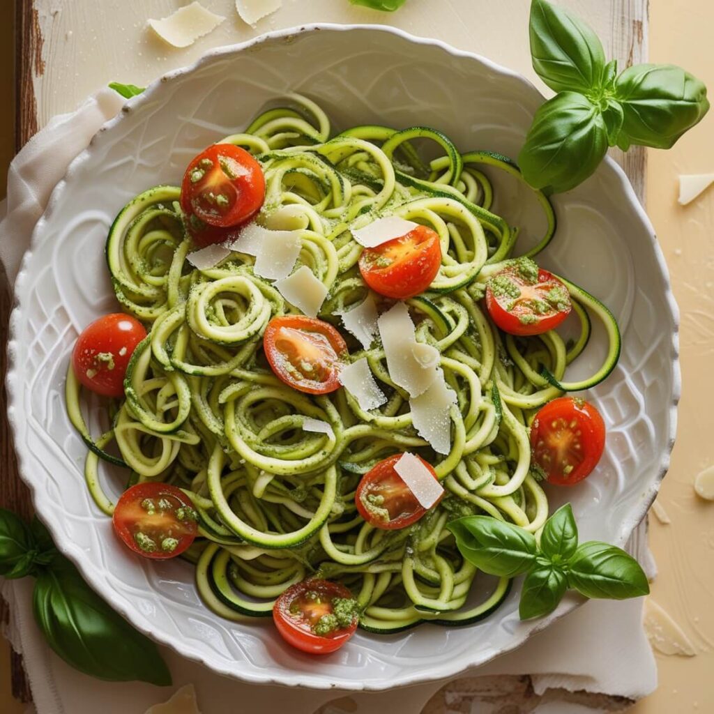 Zucchini Noodles with Pesto and Cherry Tomatoes