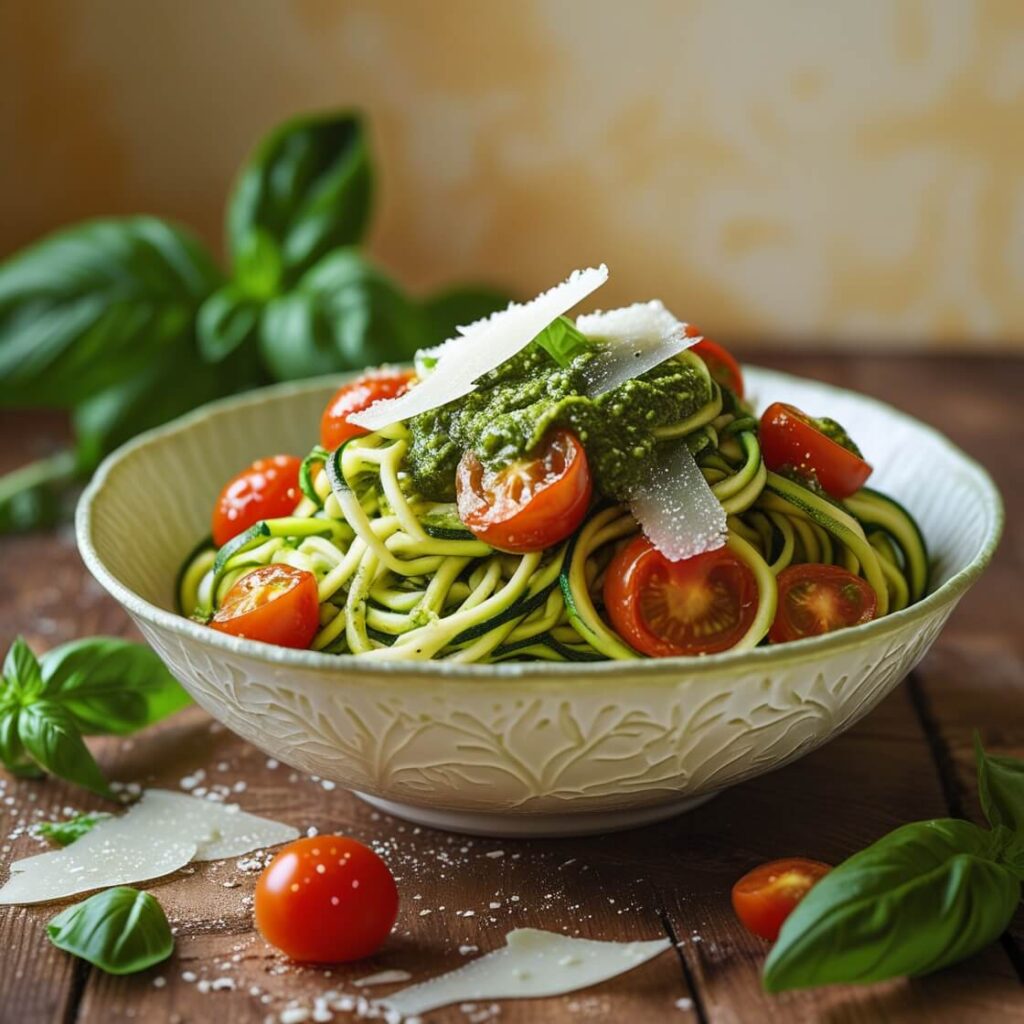  Zucchini Noodles with Pesto and Cherry Tomatoes